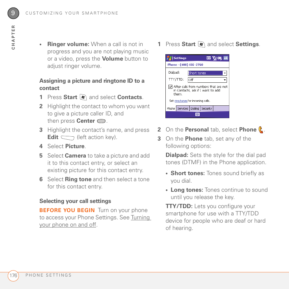 Assigning a picture and ringtone id to a contact, Selecting your call settings | Palm 700wx User Manual | Page 184 / 288