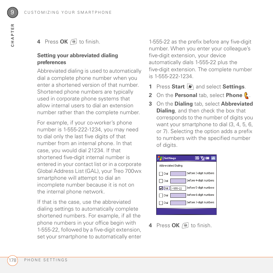 Setting your abbreviated dialing preferences | Palm 700wx User Manual | Page 186 / 288