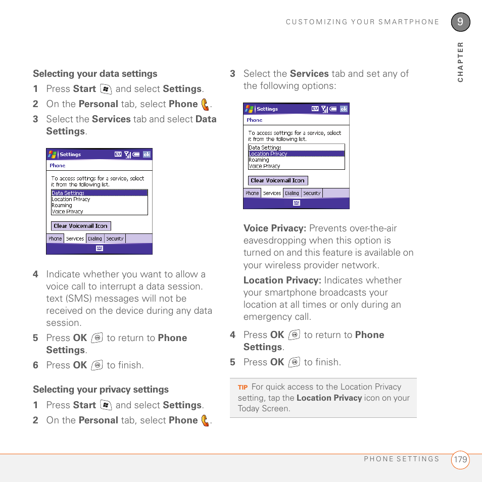 Selecting your data settings, Selecting your privacy settings | Palm 700wx User Manual | Page 187 / 288
