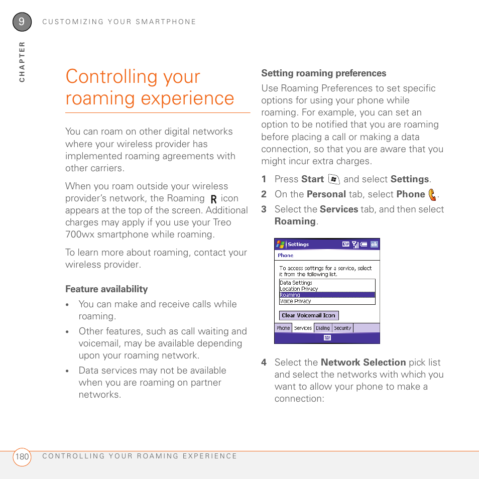 Controlling your roaming experience, Feature availability, Setting roaming preferences | Palm 700wx User Manual | Page 188 / 288