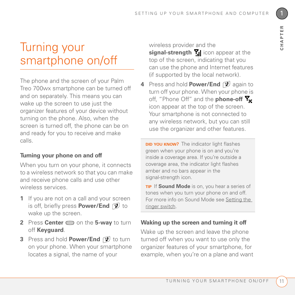 Turning your smartphone on/off, Turning your phone on and off, Waking up the screen and turning it off | Palm 700wx User Manual | Page 19 / 288
