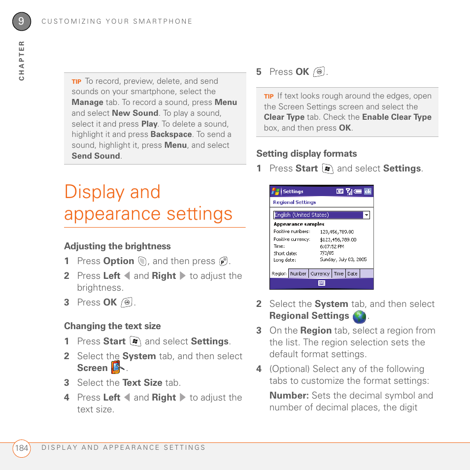 Display and appearance settings, Adjusting the brightness, Changing the text size | Setting display formats | Palm 700wx User Manual | Page 192 / 288