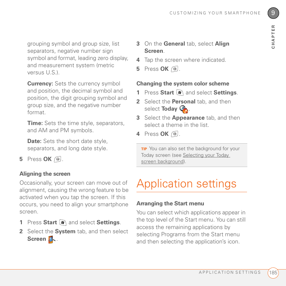 Aligning the screen, Changing the system color scheme, Application settings | Arranging the start menu | Palm 700wx User Manual | Page 193 / 288