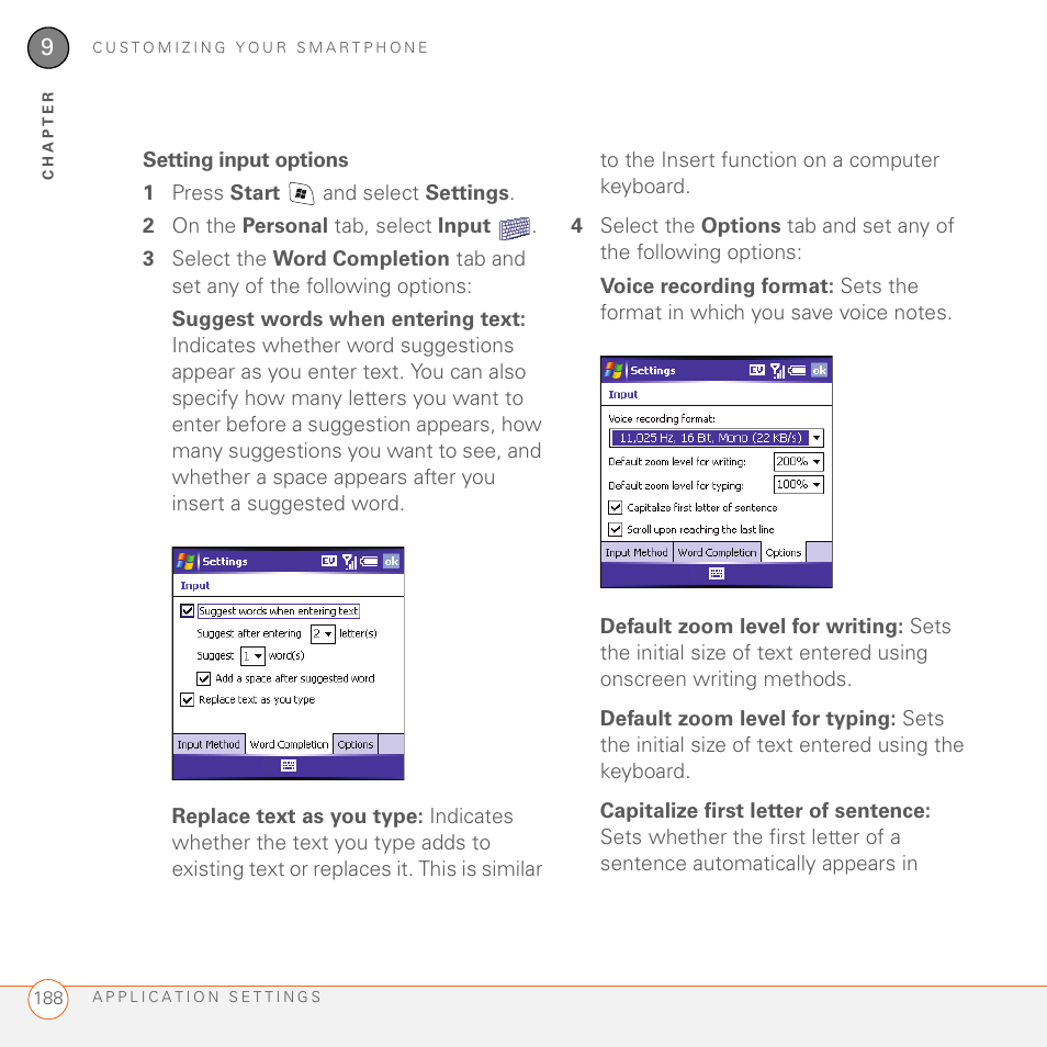 Setting input options | Palm 700wx User Manual | Page 196 / 288