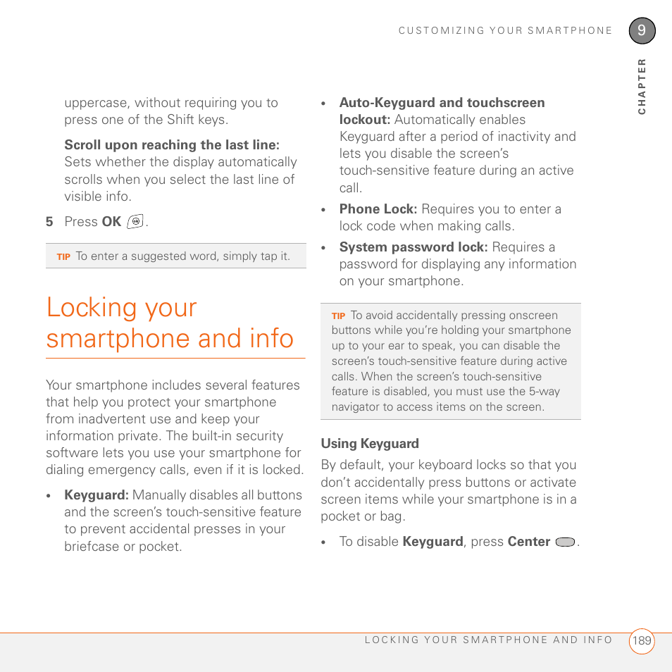 Locking your smartphone and info, Using keyguard | Palm 700wx User Manual | Page 197 / 288