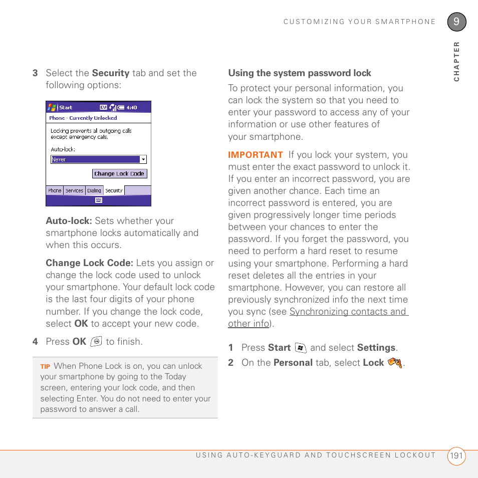 Using the system password lock | Palm 700wx User Manual | Page 199 / 288