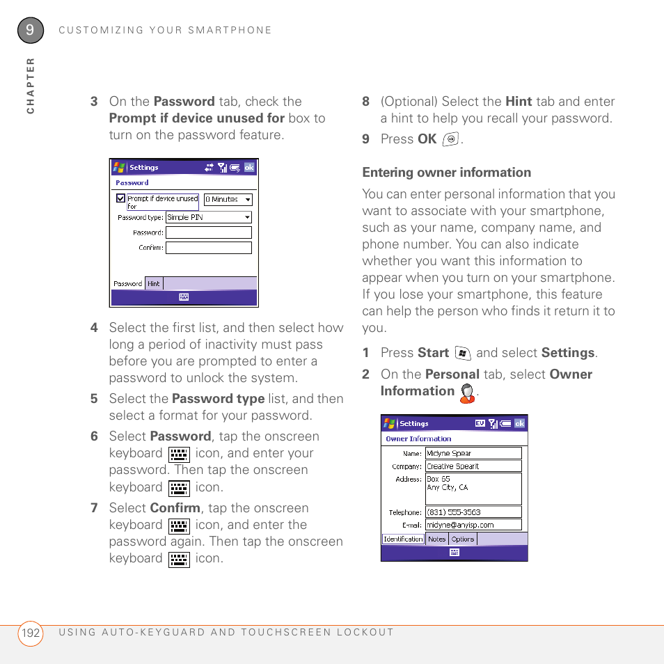 Entering owner information | Palm 700wx User Manual | Page 200 / 288