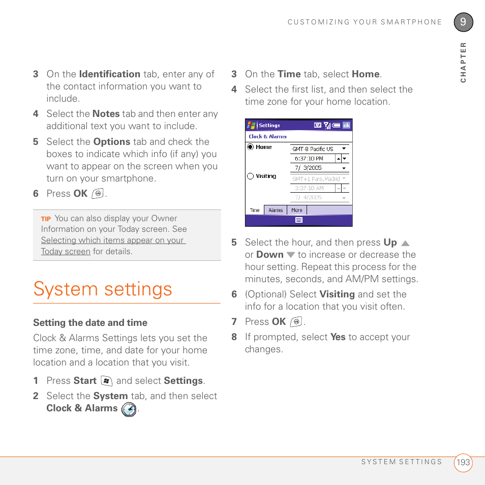 System settings, Setting the date and time | Palm 700wx User Manual | Page 201 / 288