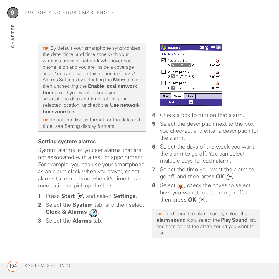 Setting system alarms | Palm 700wx User Manual | Page 202 / 288