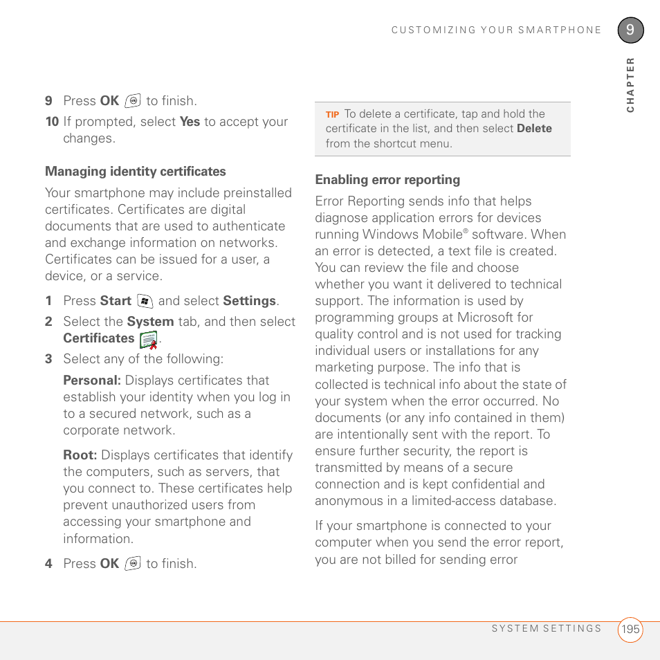 Managing identity certificates, Enabling error reporting | Palm 700wx User Manual | Page 203 / 288