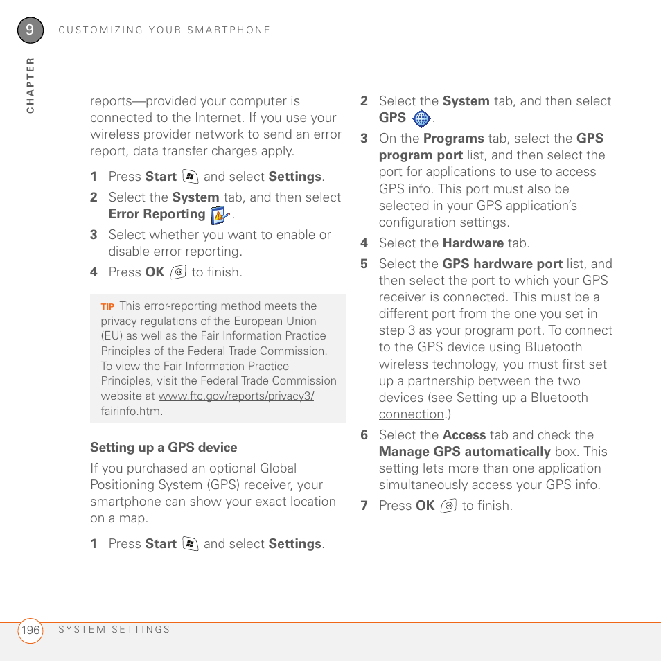 Setting up a gps device | Palm 700wx User Manual | Page 204 / 288