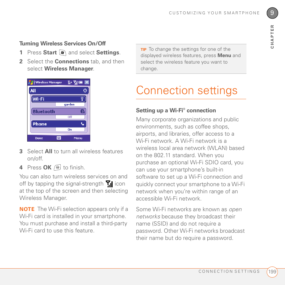 Turning wireless services on/off, Connection settings, Setting up a wi-fi® connection | See turning wireless services on/off | Palm 700wx User Manual | Page 207 / 288