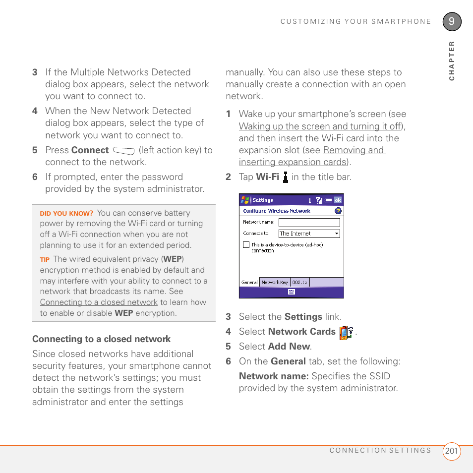 Connecting to a closed network | Palm 700wx User Manual | Page 209 / 288