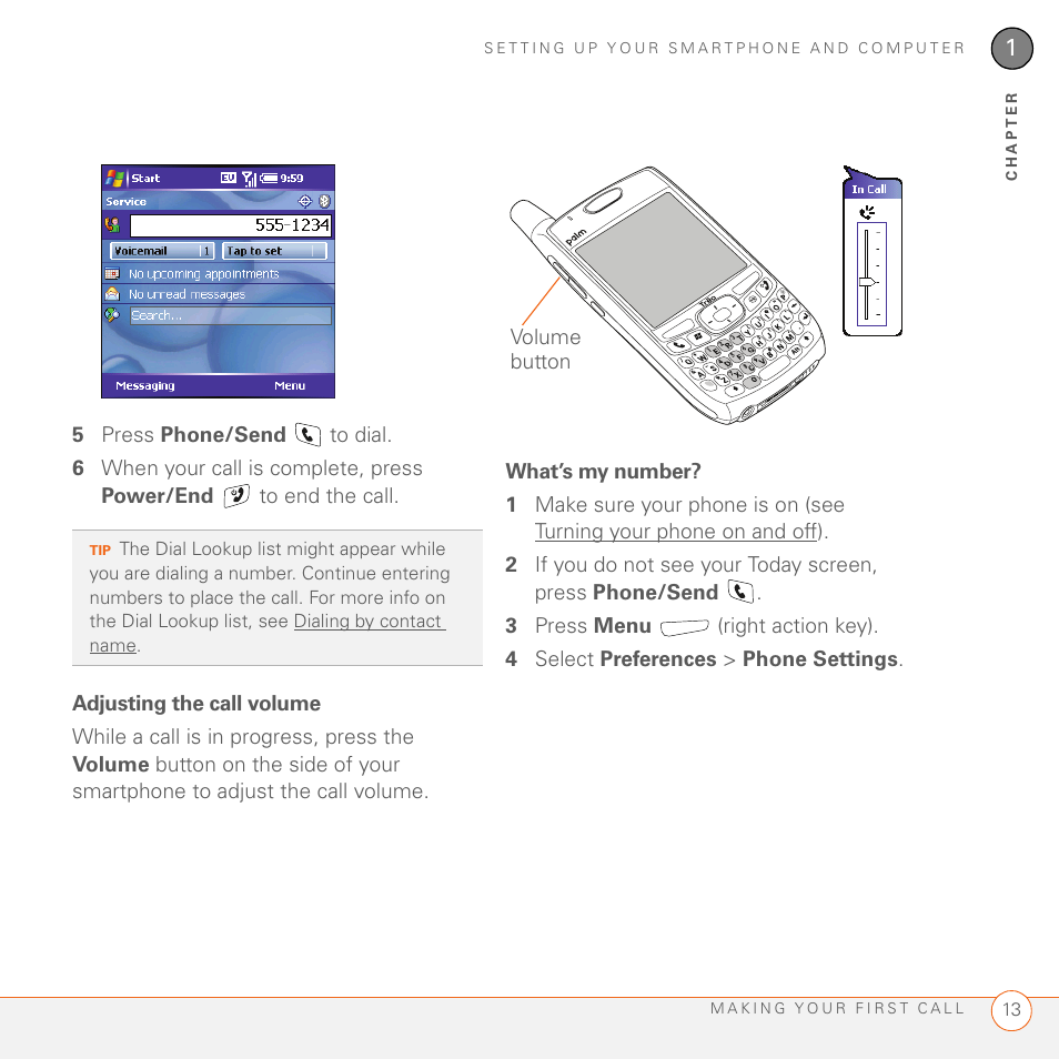 Adjusting the call volume, What’s my number | Palm 700wx User Manual | Page 21 / 288