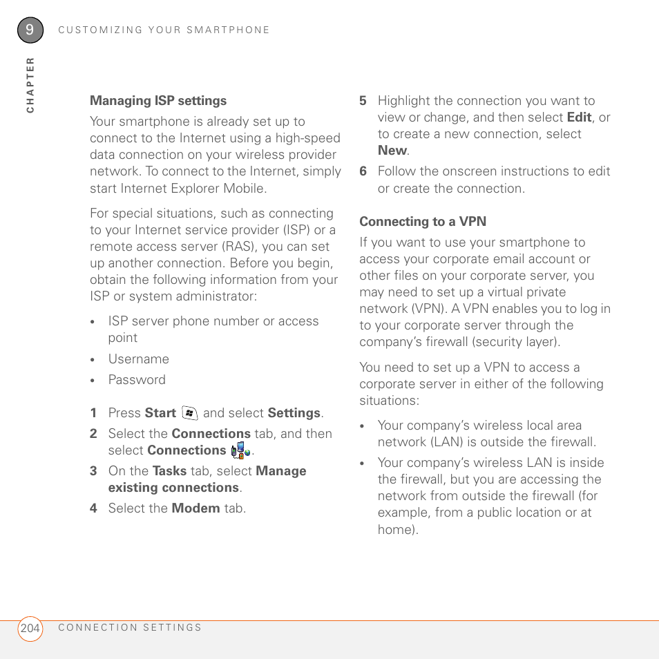 Managing isp settings, Connecting to a vpn | Palm 700wx User Manual | Page 212 / 288