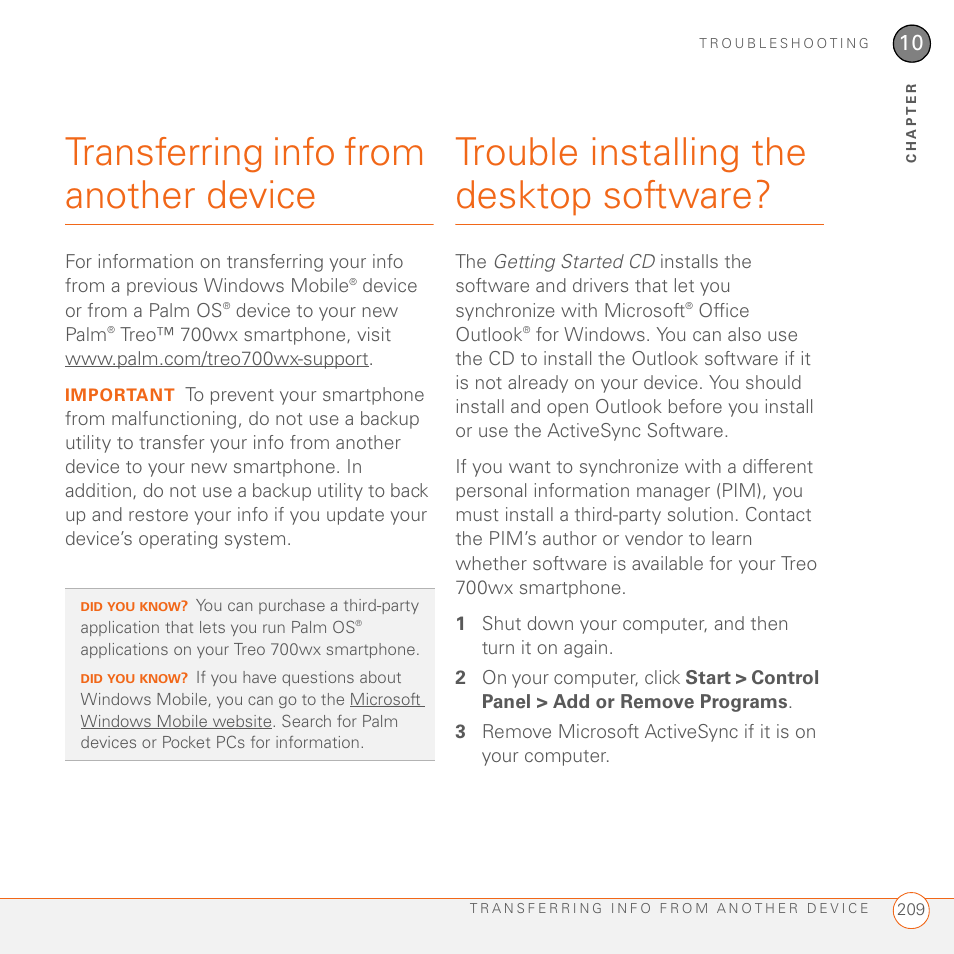 Transferring info from another device, Trouble installing the desktop software | Palm 700wx User Manual | Page 217 / 288
