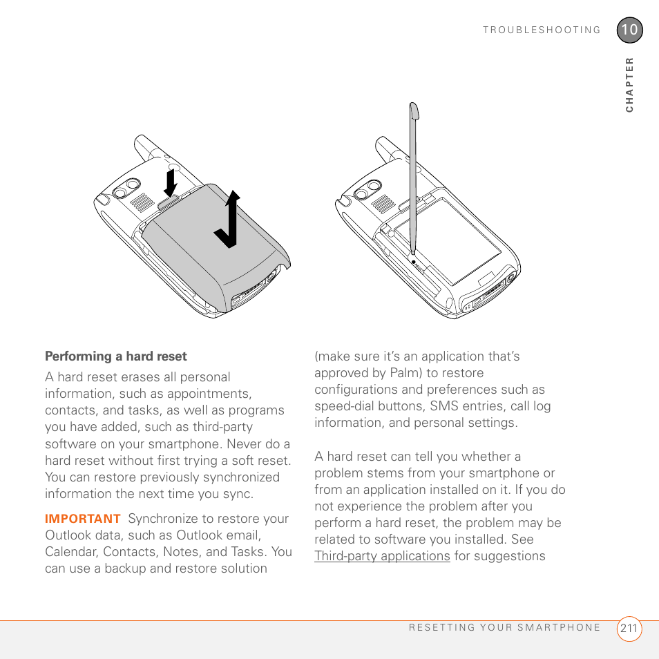 Performing a hard reset | Palm 700wx User Manual | Page 219 / 288