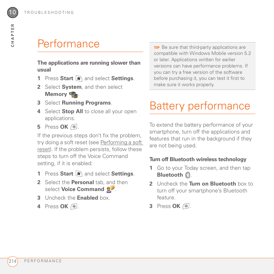 Performance, The applications are running slower than usual, Battery performance | Turn off bluetooth wireless technology, Performance battery performance | Palm 700wx User Manual | Page 222 / 288