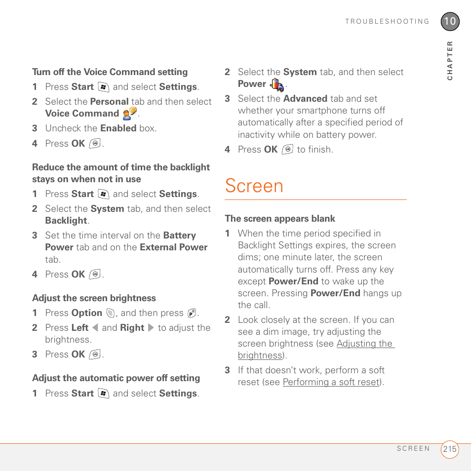 Turn off the voice command setting, Adjust the screen brightness, Adjust the automatic power off setting | Screen, The screen appears blank | Palm 700wx User Manual | Page 223 / 288