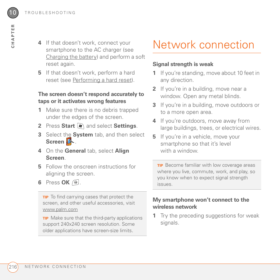 Network connection, Signal strength is weak | Palm 700wx User Manual | Page 224 / 288
