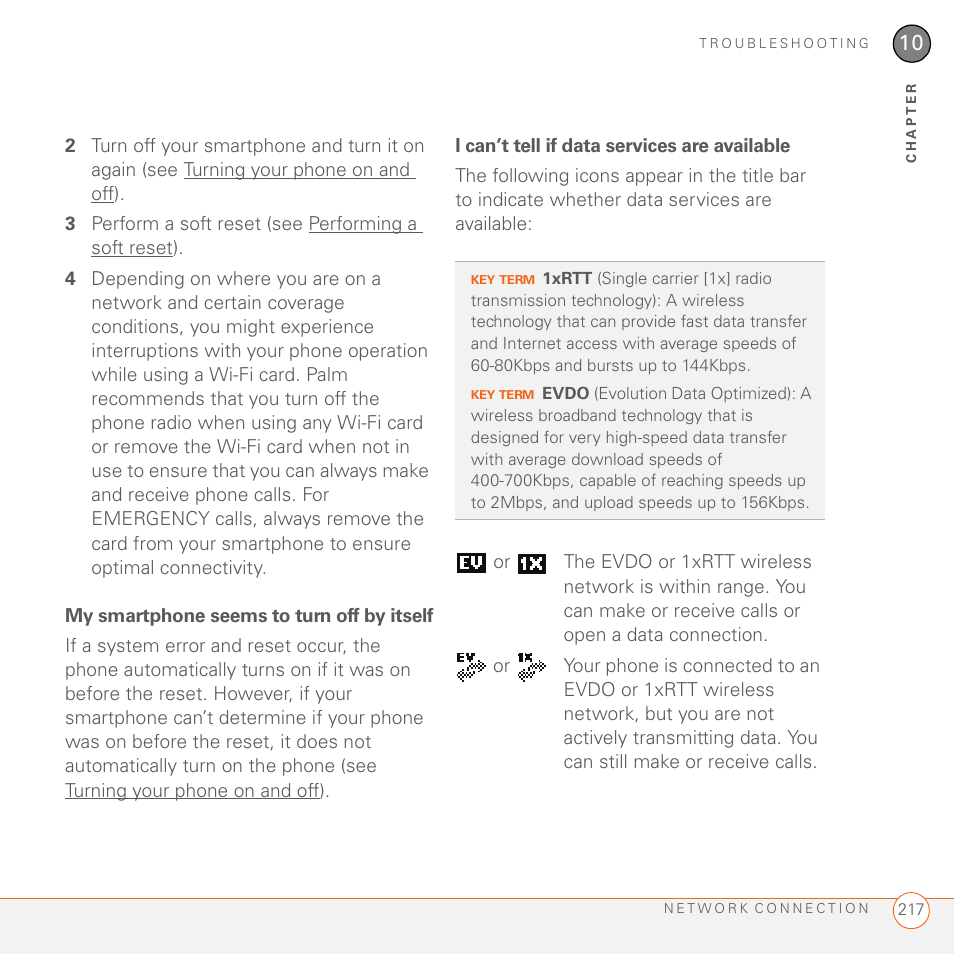 My smartphone seems to turn off by itself, I can’t tell if data services are available | Palm 700wx User Manual | Page 225 / 288