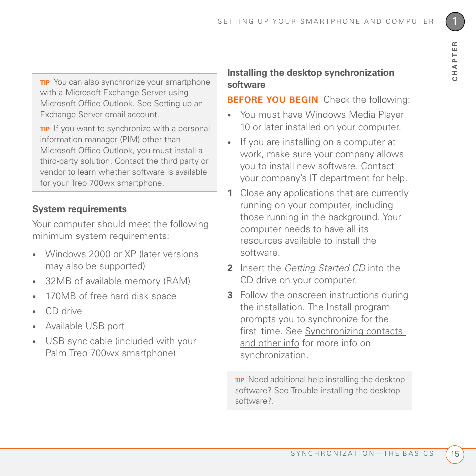 System requirements, Installing the desktop synchronization software | Palm 700wx User Manual | Page 23 / 288