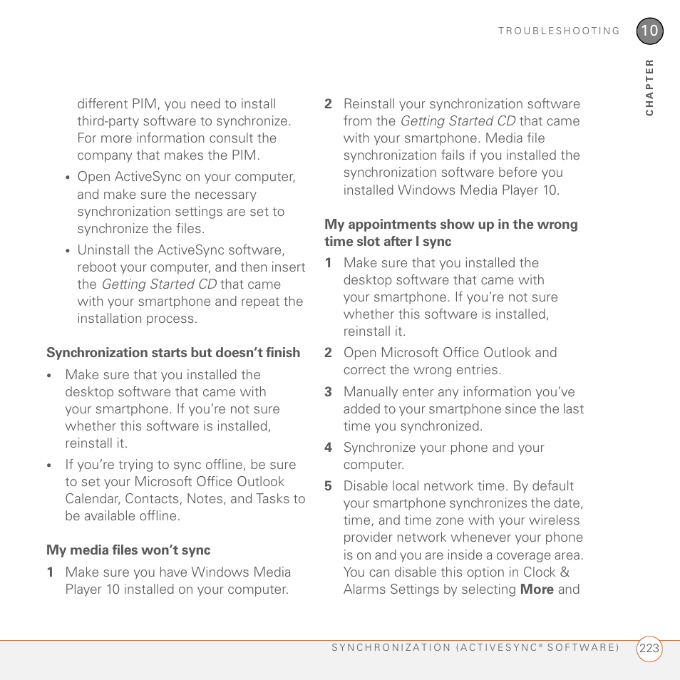 Synchronization starts but doesn’t finish, My media files won’t sync | Palm 700wx User Manual | Page 231 / 288