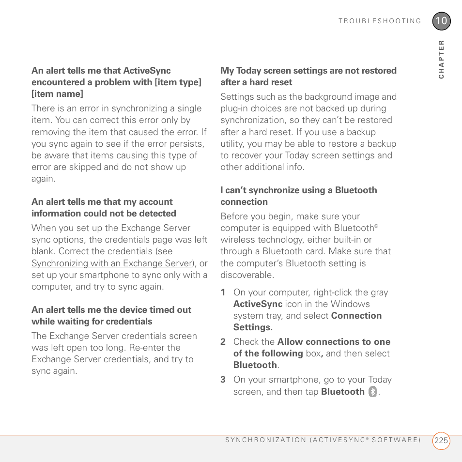I can’t synchronize using a bluetooth connection | Palm 700wx User Manual | Page 233 / 288