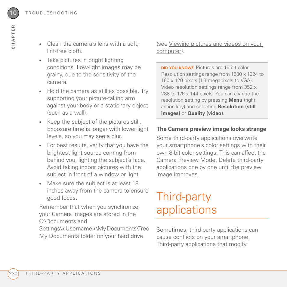 The camera preview image looks strange, Third-party applications | Palm 700wx User Manual | Page 238 / 288