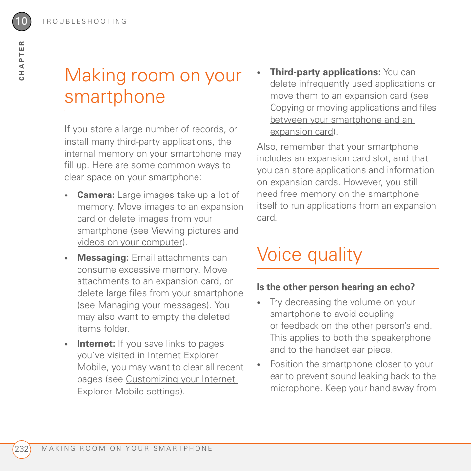 Making room on your smartphone, Voice quality, Is the other person hearing an echo | Making room on your smartphone voice quality, Making, Room on your smartphone | Palm 700wx User Manual | Page 240 / 288