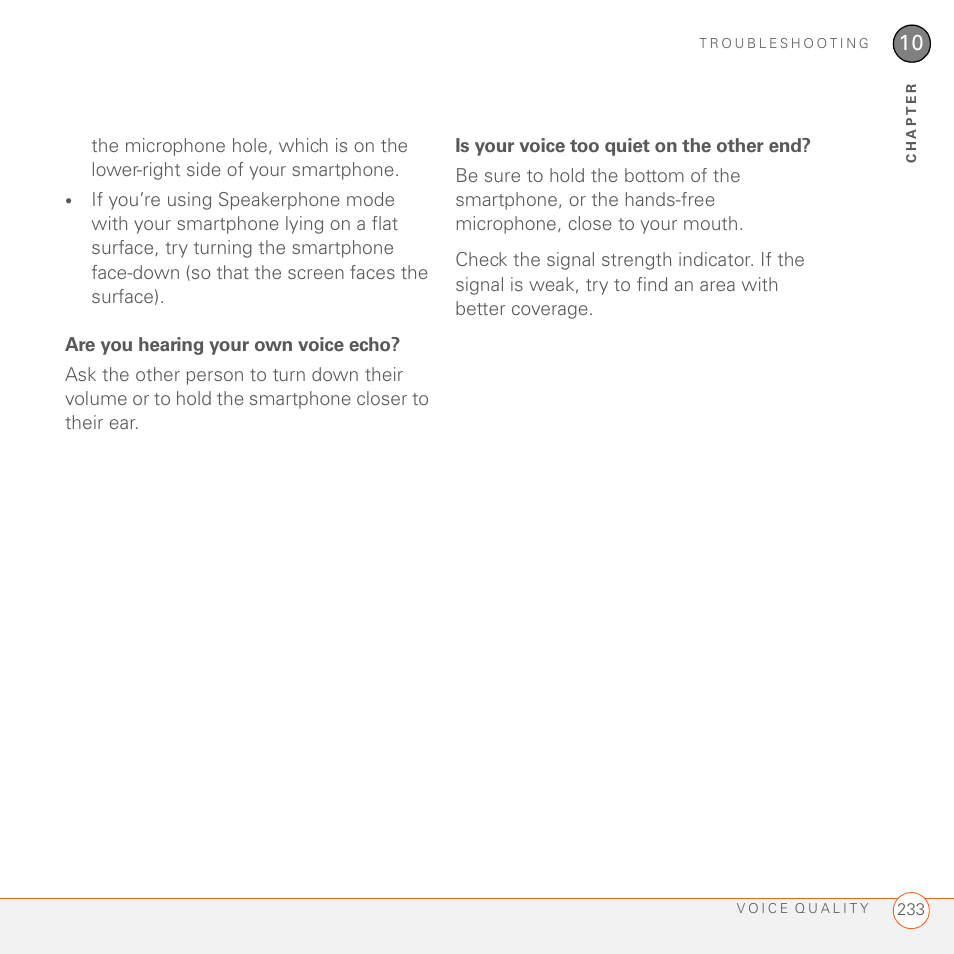 Are you hearing your own voice echo, Is your voice too quiet on the other end | Palm 700wx User Manual | Page 241 / 288