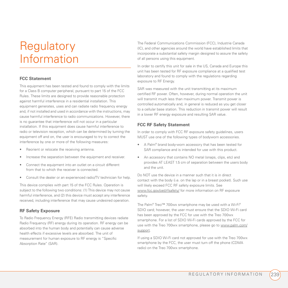 Regulatory information | Palm 700wx User Manual | Page 247 / 288