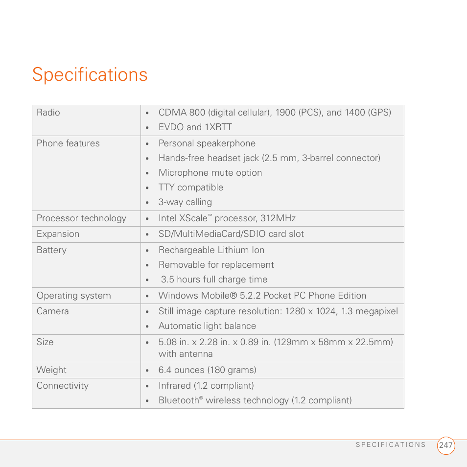 Specifications | Palm 700wx User Manual | Page 255 / 288