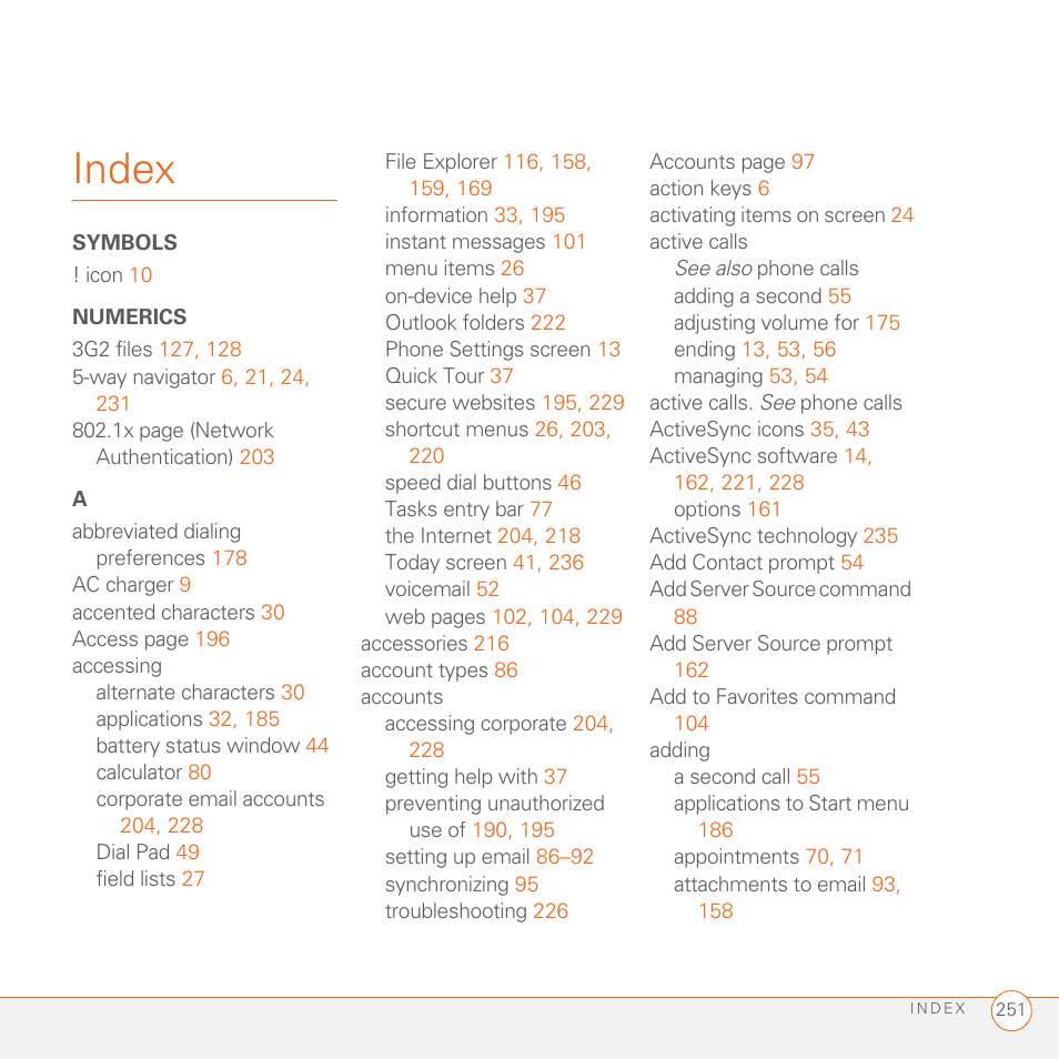 Index, Symbols, Numerics | Palm 700wx User Manual | Page 259 / 288