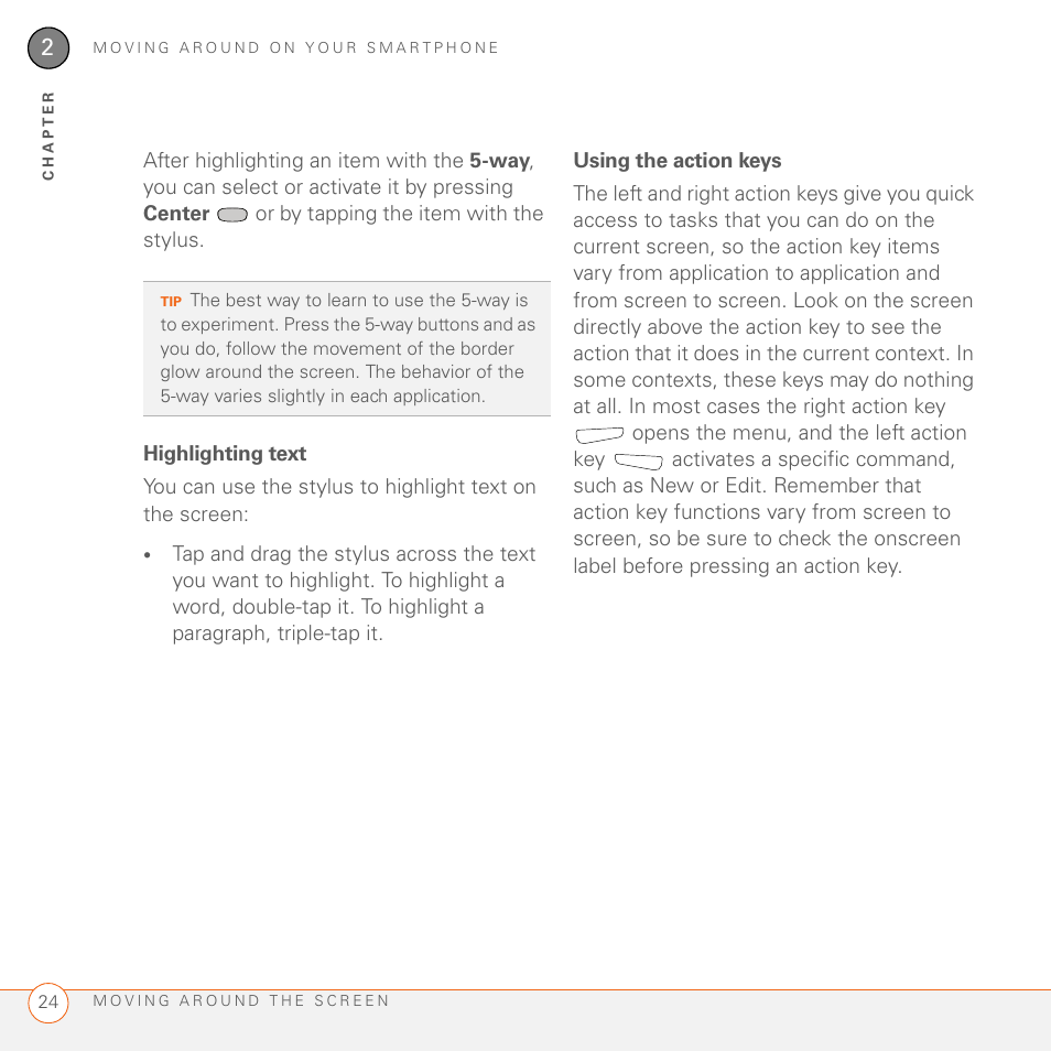 Highlighting text, Using the action keys | Palm 700wx User Manual | Page 32 / 288