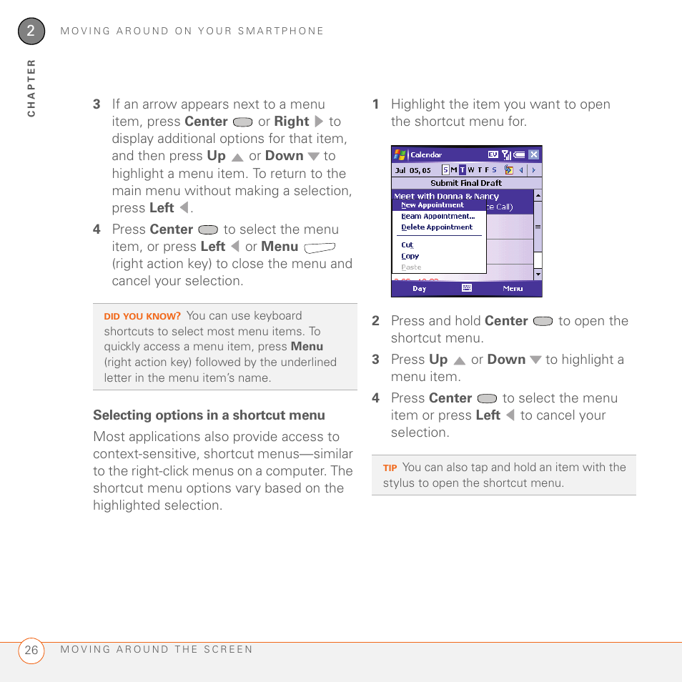 Selecting options in a shortcut menu | Palm 700wx User Manual | Page 34 / 288