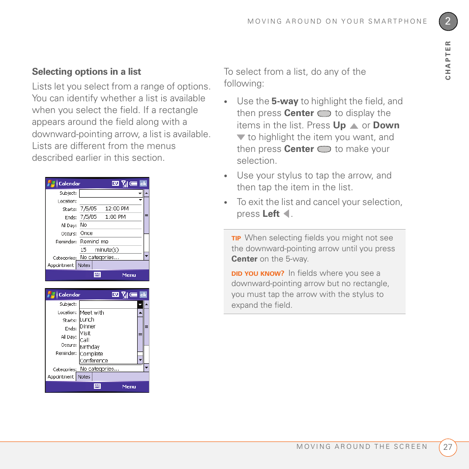Selecting options in a list | Palm 700wx User Manual | Page 35 / 288