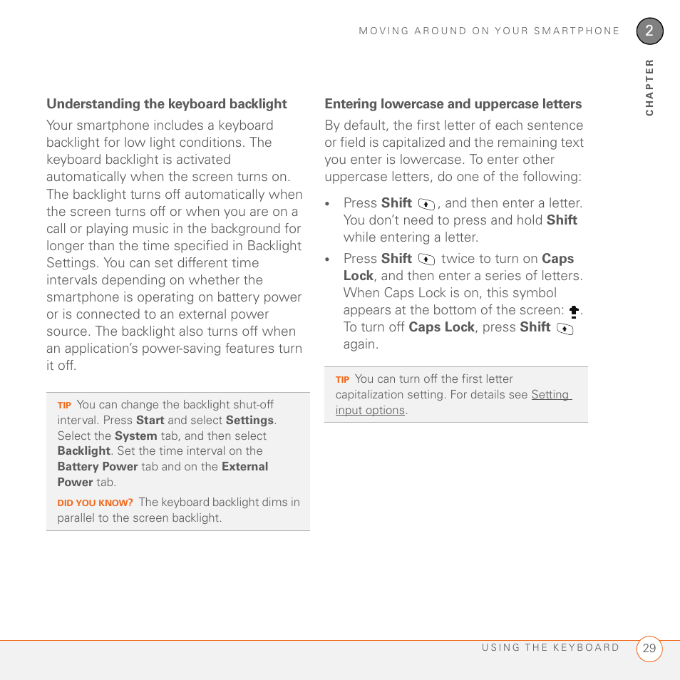 Understanding the keyboard backlight, Entering lowercase and uppercase letters | Palm 700wx User Manual | Page 37 / 288