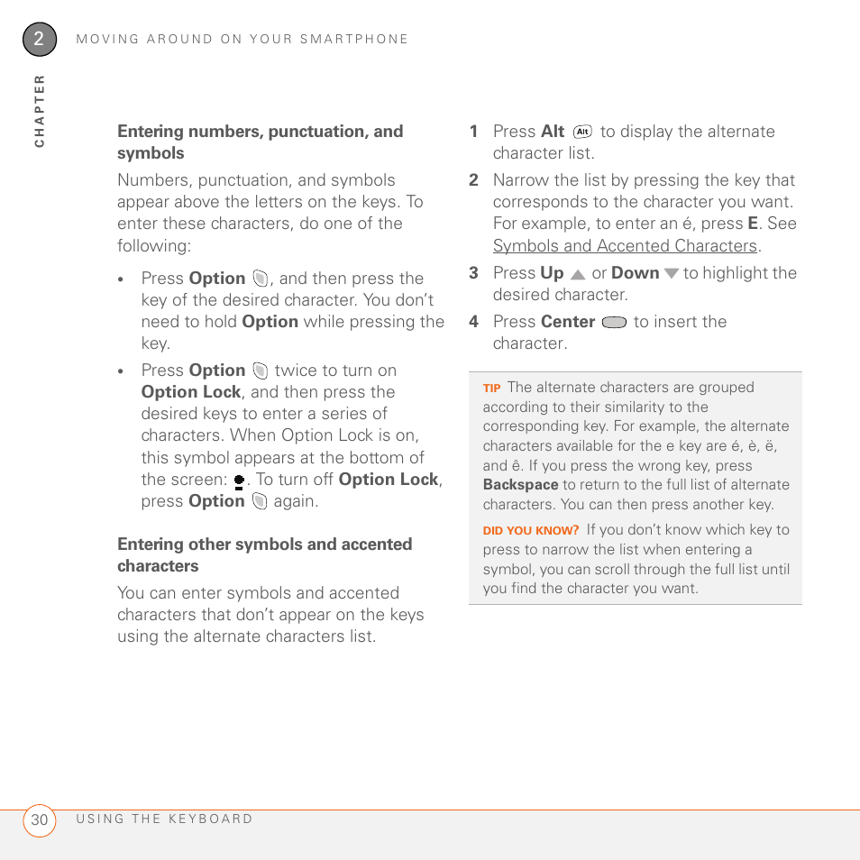 Entering numbers, punctuation, and symbols, Entering other symbols and accented characters | Palm 700wx User Manual | Page 38 / 288