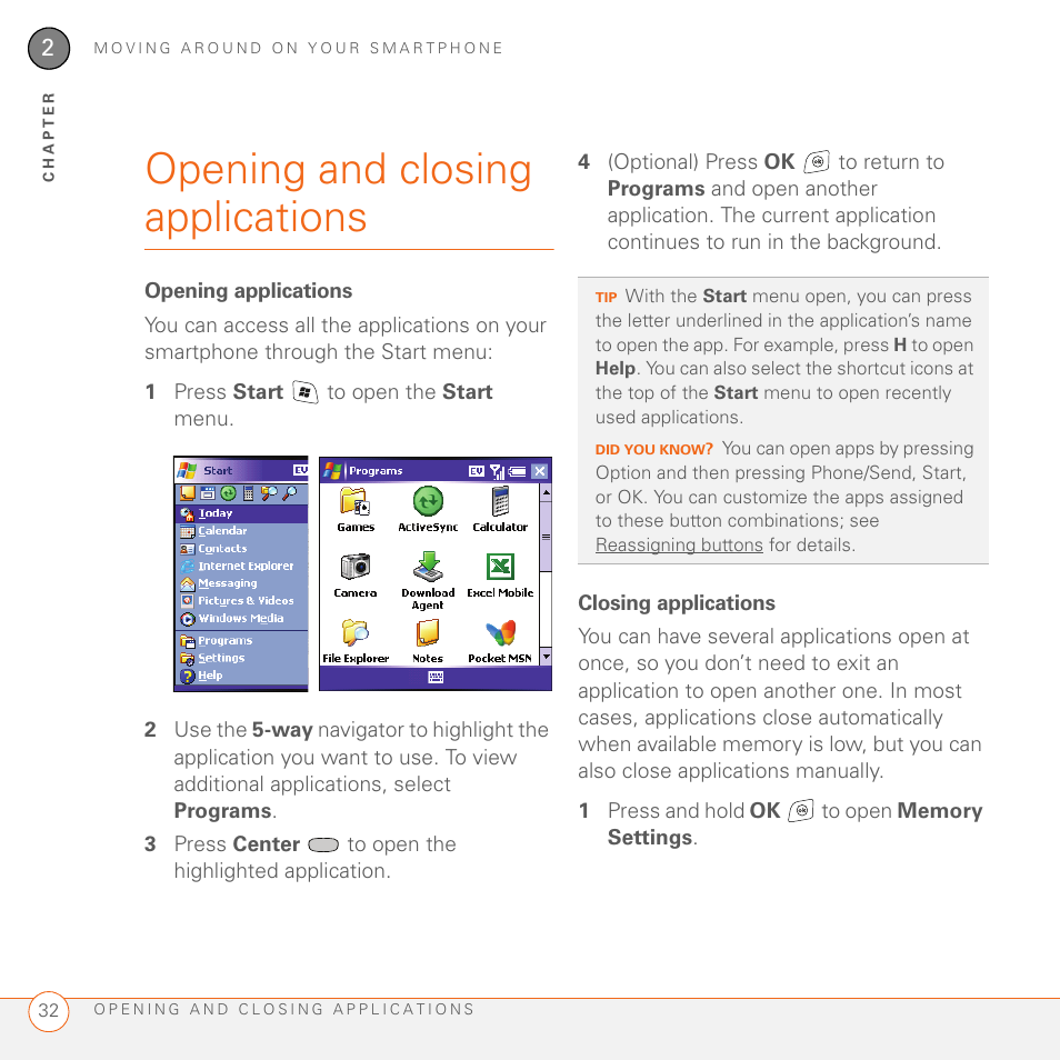 Opening and closing applications, Opening applications, Closing applications | Palm 700wx User Manual | Page 40 / 288