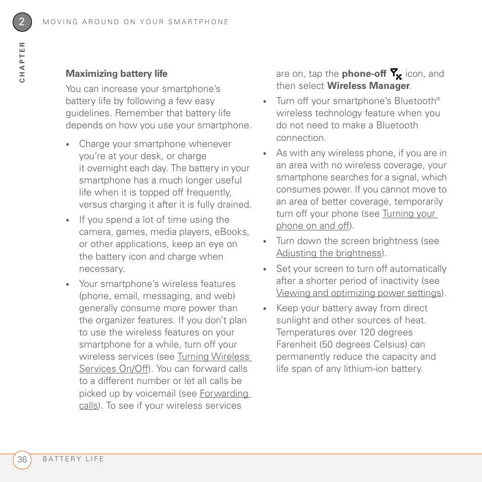 Maximizing battery life | Palm 700wx User Manual | Page 44 / 288