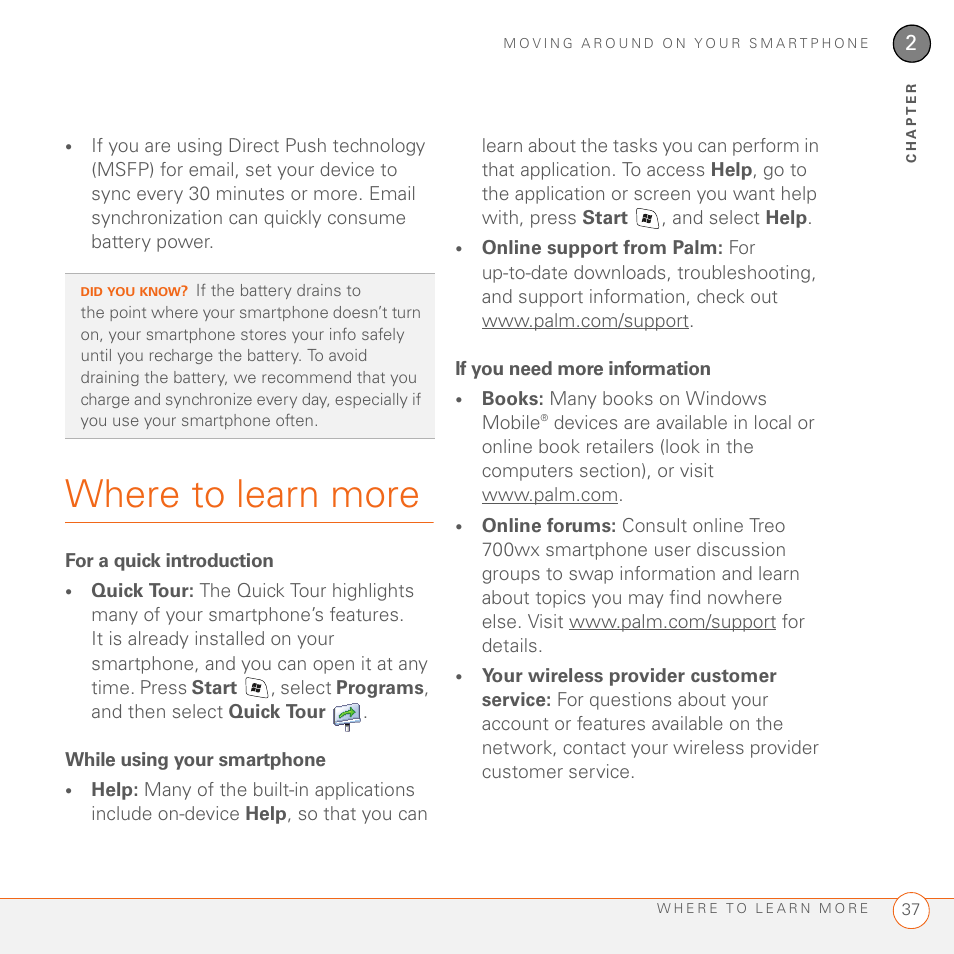 Where to learn more, For a quick introduction, While using your smartphone | If you need more information | Palm 700wx User Manual | Page 45 / 288