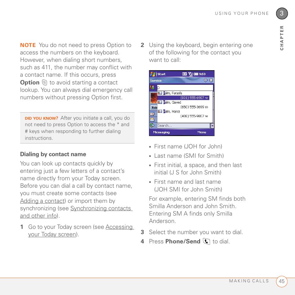 Dialing by contact name, Dialing by contact name f | Palm 700wx User Manual | Page 53 / 288