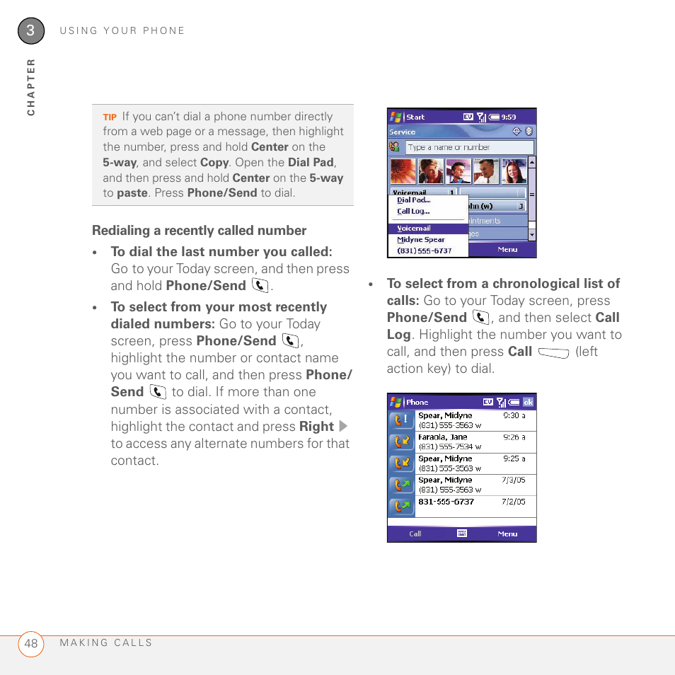 Redialing a recently called number | Palm 700wx User Manual | Page 56 / 288