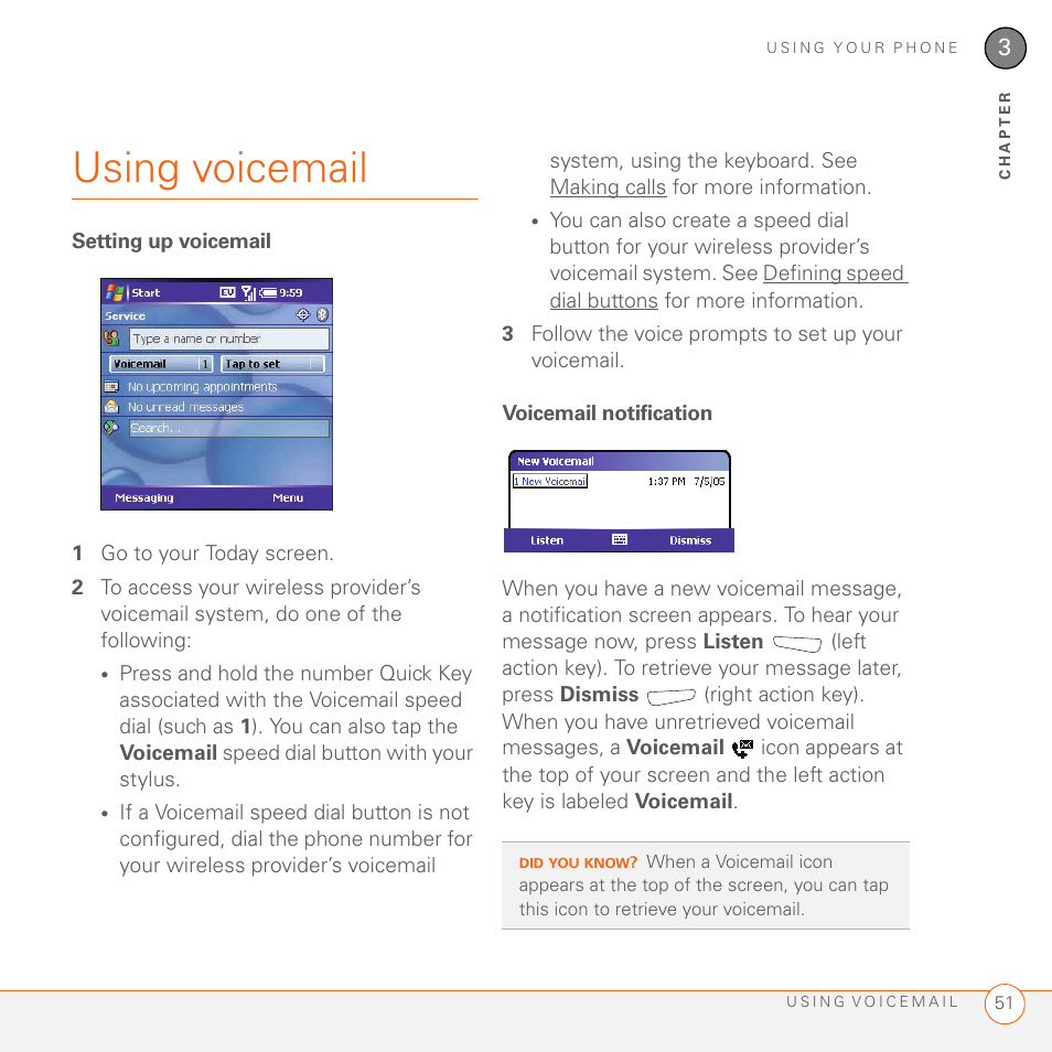 Using voicemail, Setting up voicemail, Voicemail notification | Palm 700wx User Manual | Page 59 / 288