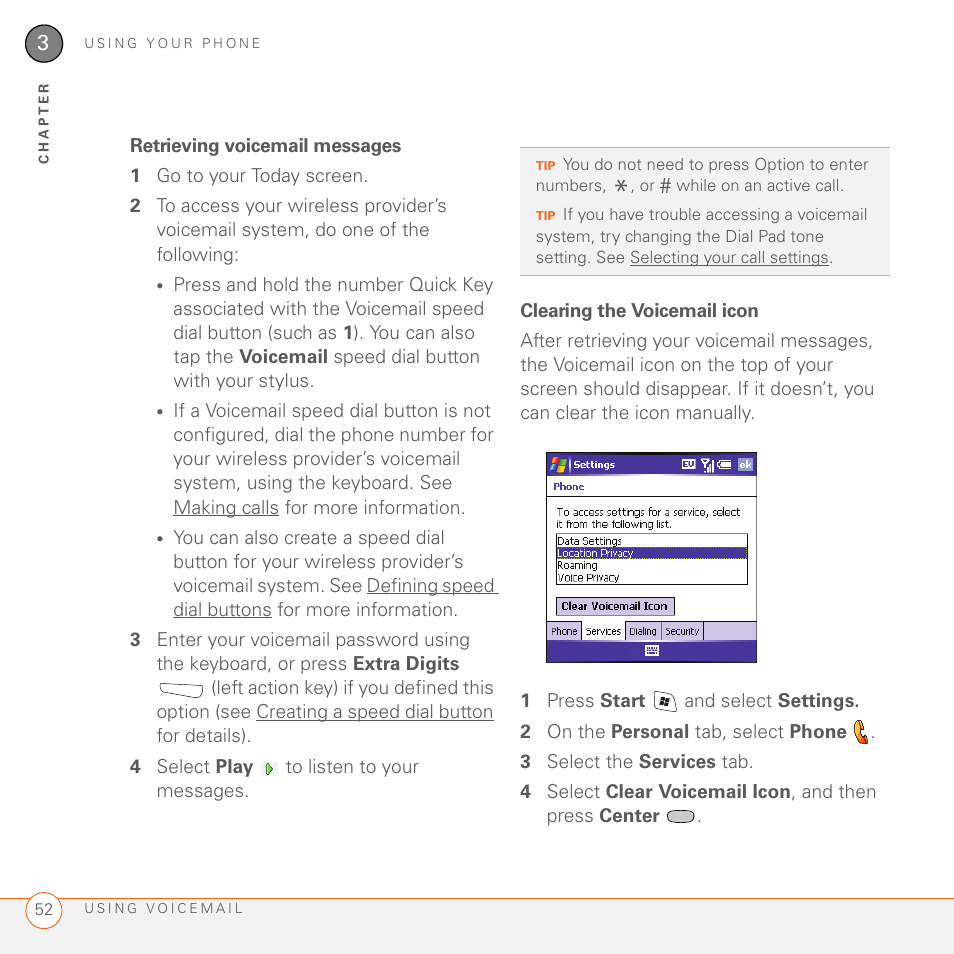 Retrieving voicemail messages, Clearing the voicemail icon | Palm 700wx User Manual | Page 60 / 288