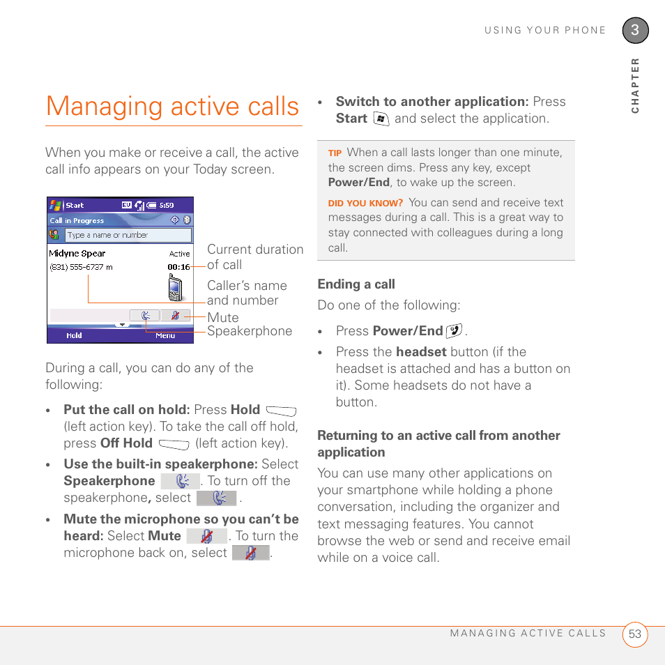 Managing active calls, Ending a call | Palm 700wx User Manual | Page 61 / 288