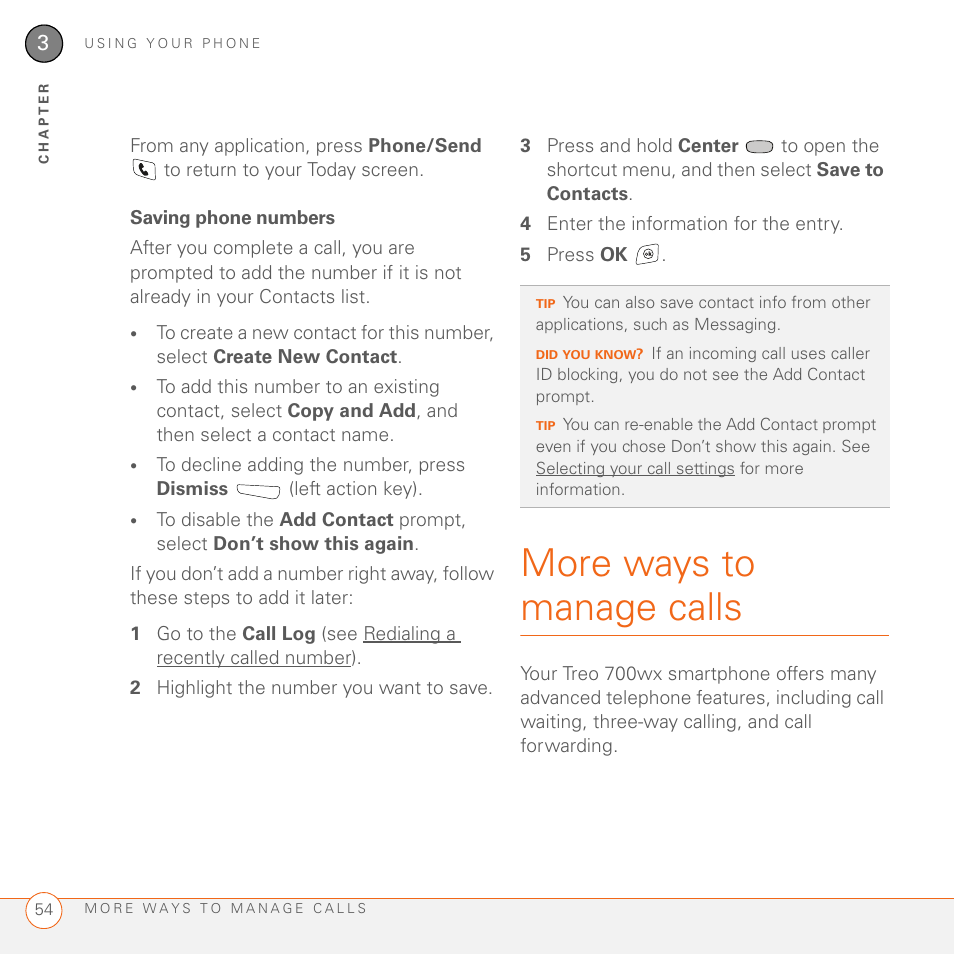 Saving phone numbers, More ways to manage calls | Palm 700wx User Manual | Page 62 / 288