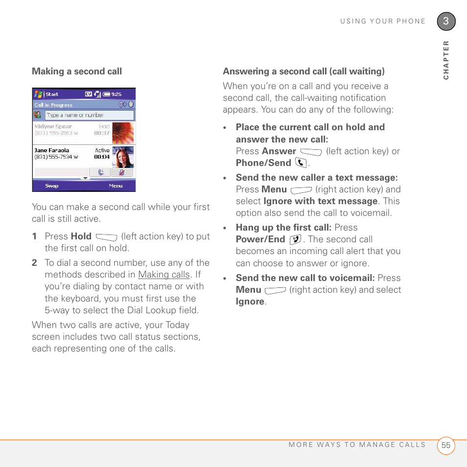 Making a second call, Answering a second call (call waiting) | Palm 700wx User Manual | Page 63 / 288