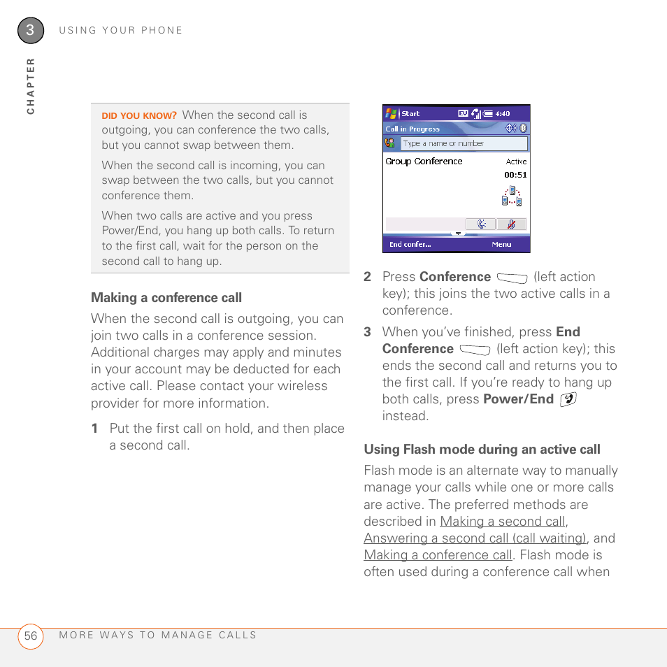 Making a conference call, Using flash mode during an active call | Palm 700wx User Manual | Page 64 / 288